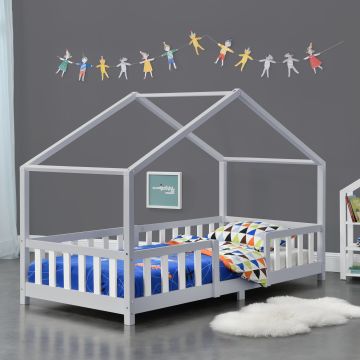 Kinderbett Treviolo 90x200 cm mit Lattenrost + Gitter Holz Hellgrau/Weiß [en.casa]