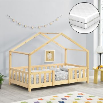 Kinderbett Treviolo 70x140 cm mit Kaltschaummatratze und Gitter Holz Natur [en.casa]