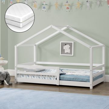 Kinderbett Knätten 70x140 cm mit Rausfallschutz + Lattenrost + Kaltschaummatratze Weiß [en.casa]