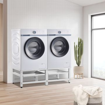Waschmaschinen-Sockel 2-fach Bothel mit 2 ausziehbaren Ablagen 150 kg Weiß [en.casa]