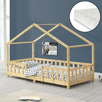 Kinderbett Treviolo 90x200 cm mit Kaltschaummatratze und Gitter Holz Natur [en.casa]