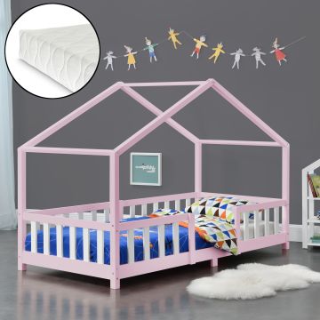 Kinderbett Treviolo 90x200 cm mit Kaltschaummatratze und Gitter Rosa/Weiß [en.casa]