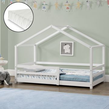 Kinderbett Knätten 90x200 cm mit Rausfallschutz + Lattenrost + Kaltschaummatratze Weiß [en.casa]