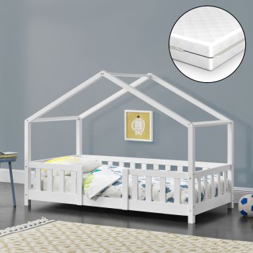 Kinderbett Treviolo 70x140 cm mit Kaltschaummatratze und Gitter Weiß [en.casa]