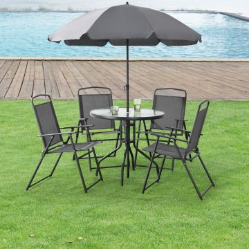 Gartenmöbel-Set Milagro Stühle mit Tisch 4 Stühlen und Sonnenschirm Schwarz Dunkelgrau en.casa